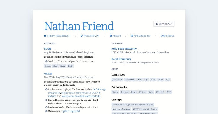 A resume using Nuxt JS and Tailwind CSS
