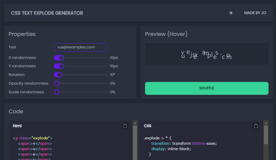 CSS Text Explode Generator built with Vue 3 and Typescript